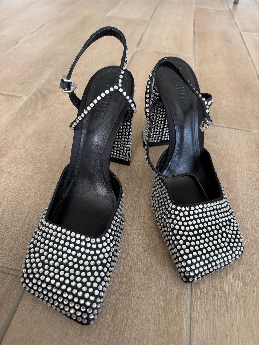 SCHUTZ Black Rhinestone Square-Toe Slingback Heels 10 Jaycie - Picture 2 of 12
